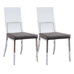 Set of two minimalist style dining chairs with chrome frames and acrylic backs, perfect for modern dining spaces.
