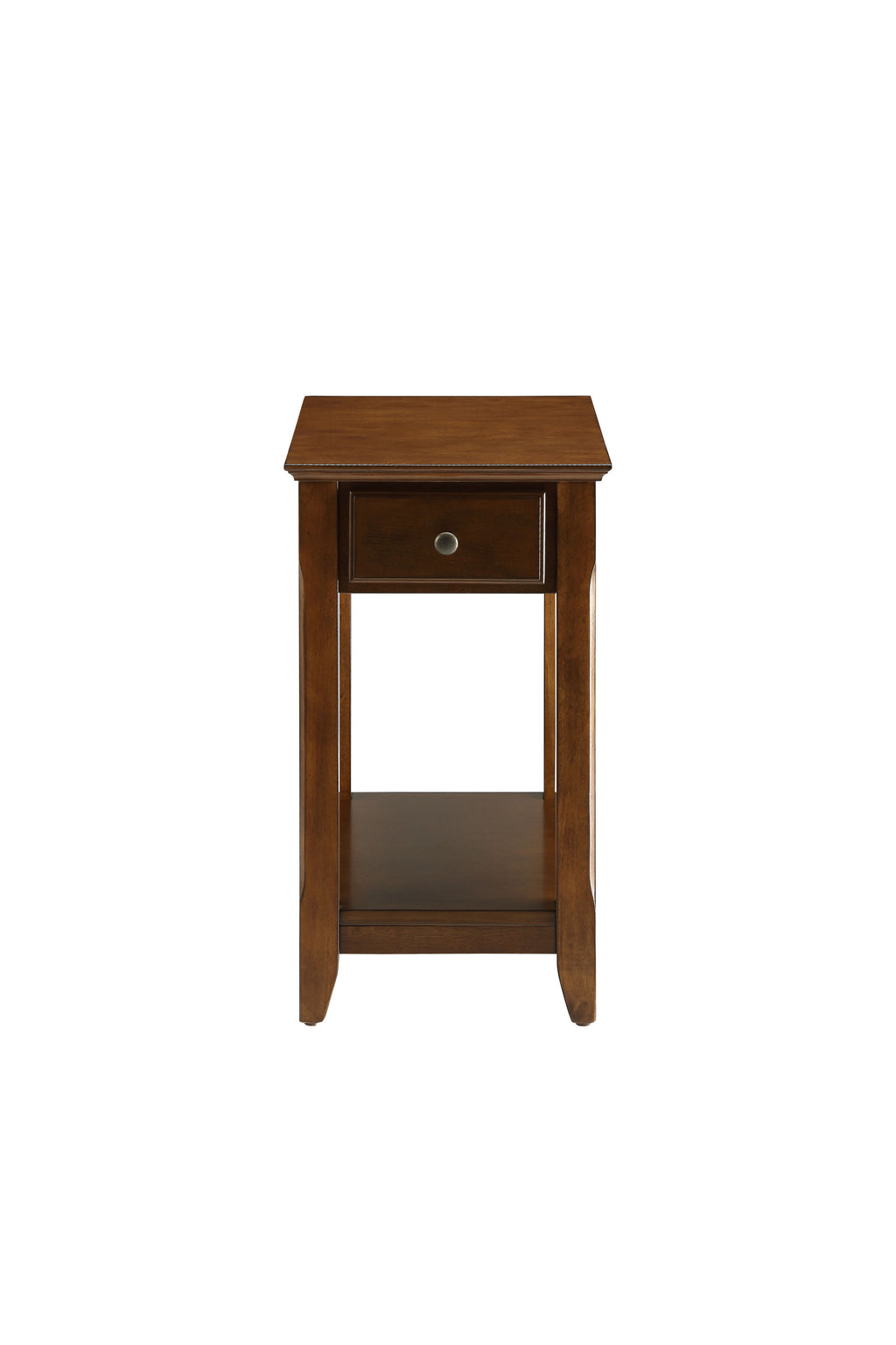 Front view of Walnut Finish Accent Table with Storage showing compact design, single drawer, and lower shelf.