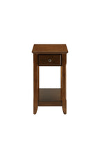 Front view of Walnut Finish Accent Table with Storage showing compact design, single drawer, and lower shelf.