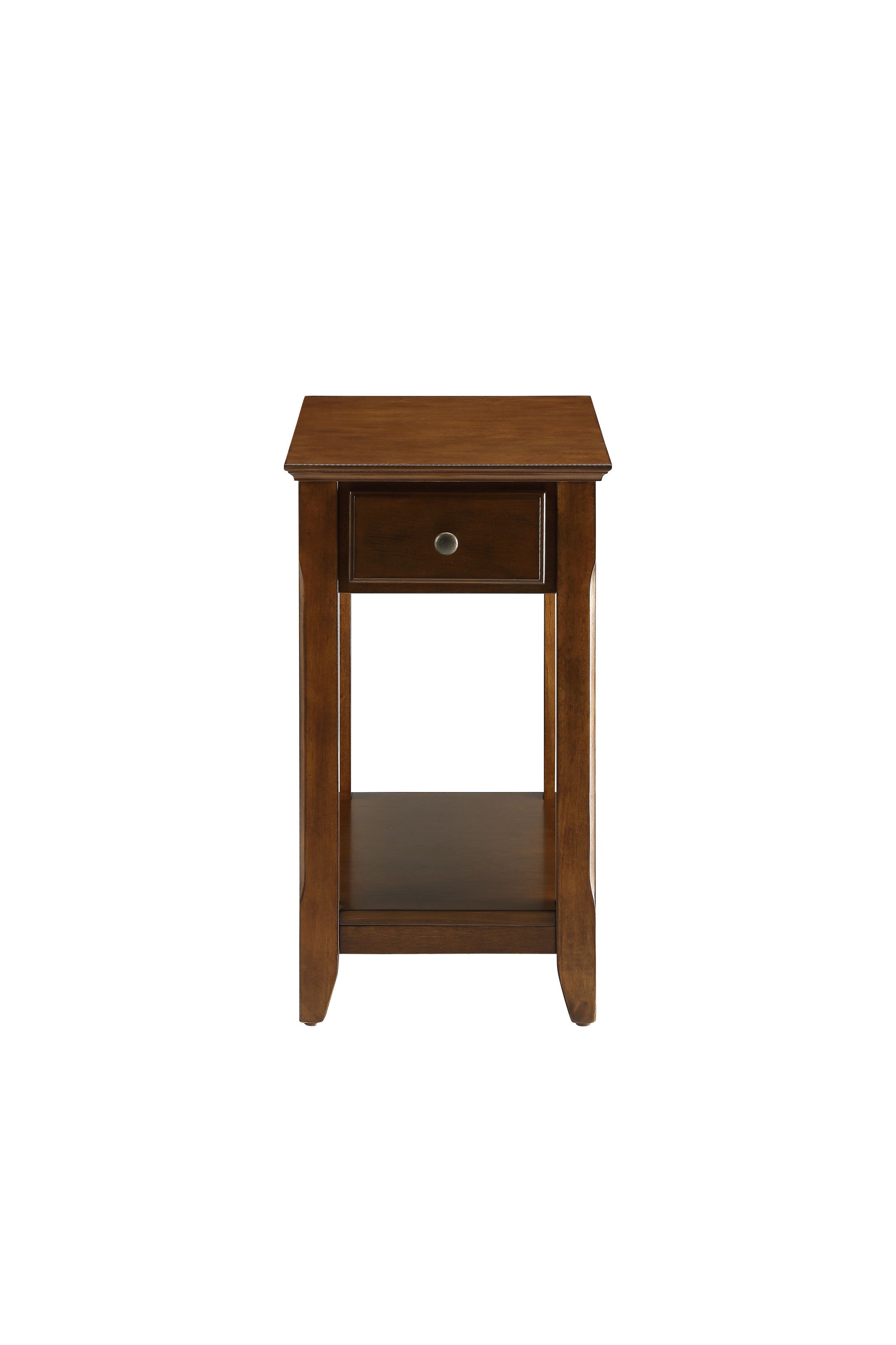 Front view of Walnut Finish Accent Table with Storage showing compact design, single drawer, and lower shelf.