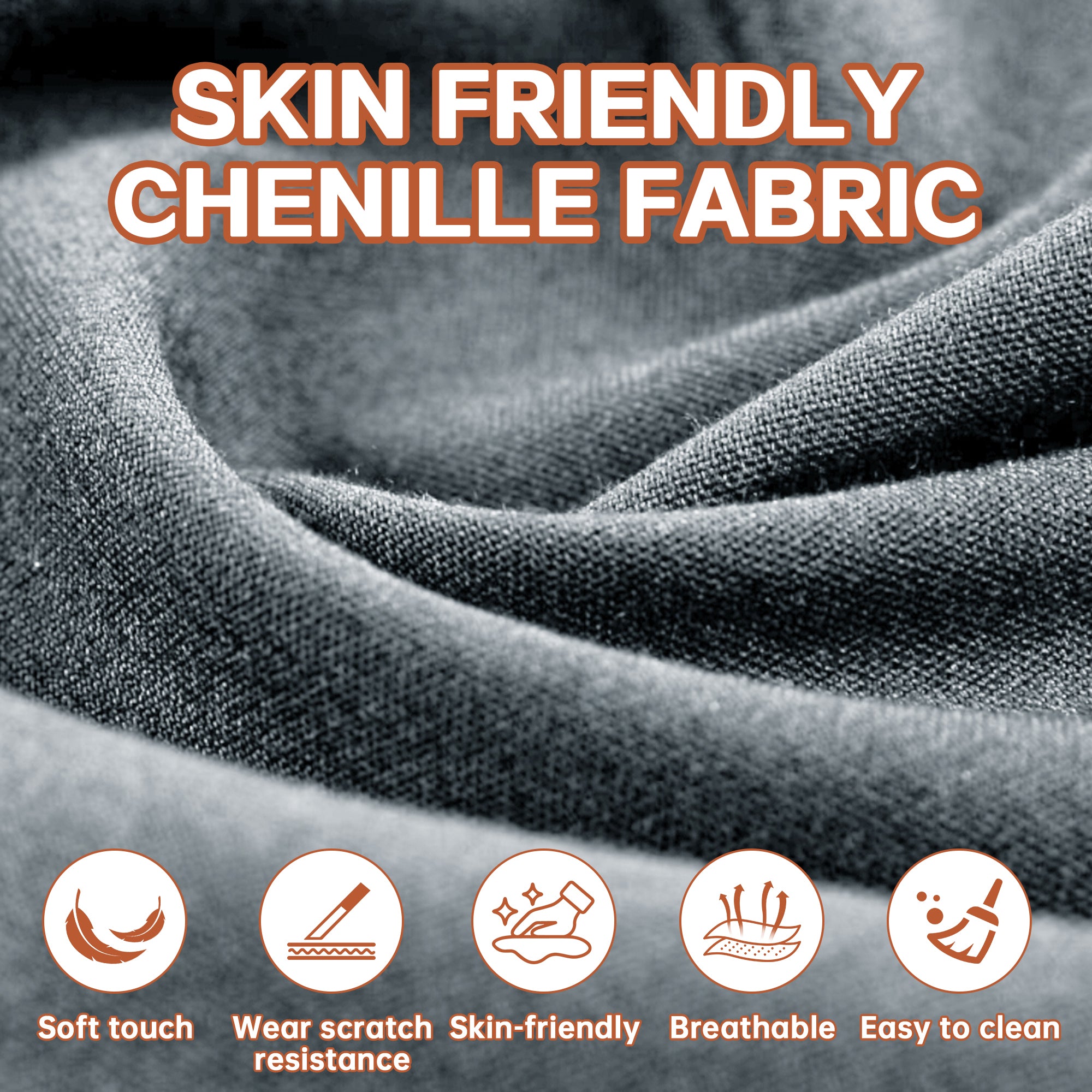 Skin-friendly chenille fabric of L-shaped sectional sofa with chaise, featuring soft touch, breathability, and easy maintenance.