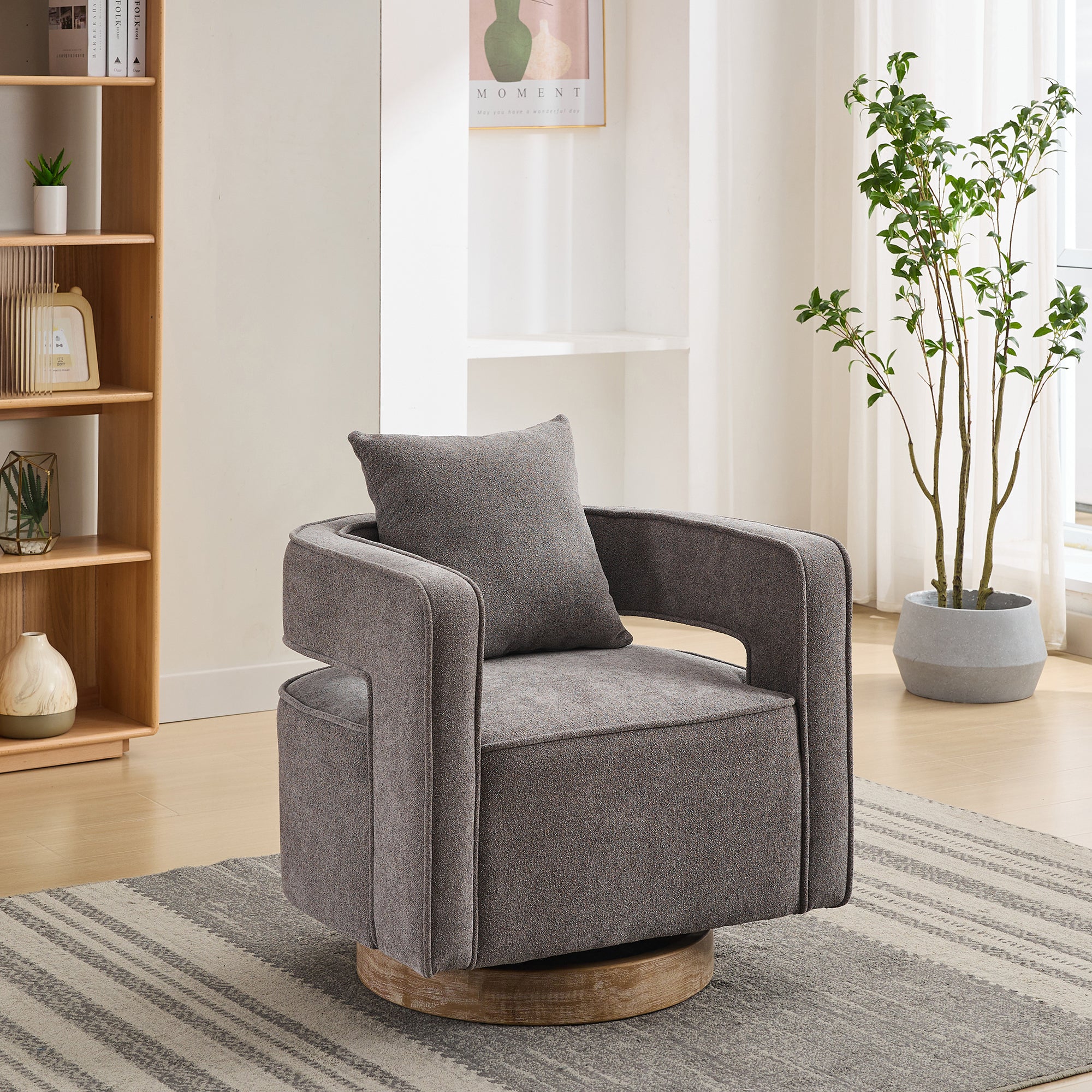 Swivel Open Back Chair in linen blend fabric with weathered wood base, featuring modern design and 360° rotation for stylish living rooms.