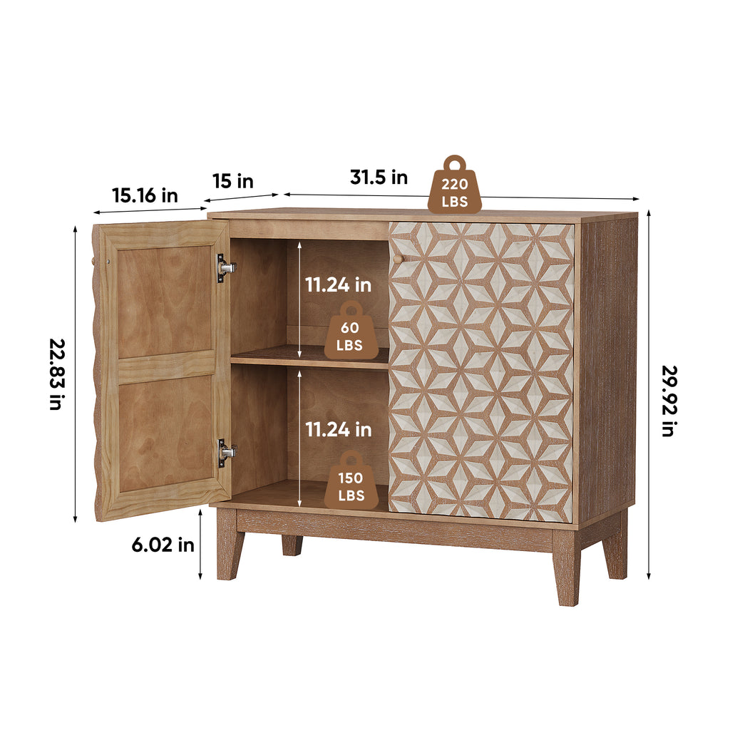 Geometric Sideboard Tangerine Walnut - 31.5" Storage Unit with labeled dimensions and weight capacity, featuring adjustable interior shelves.