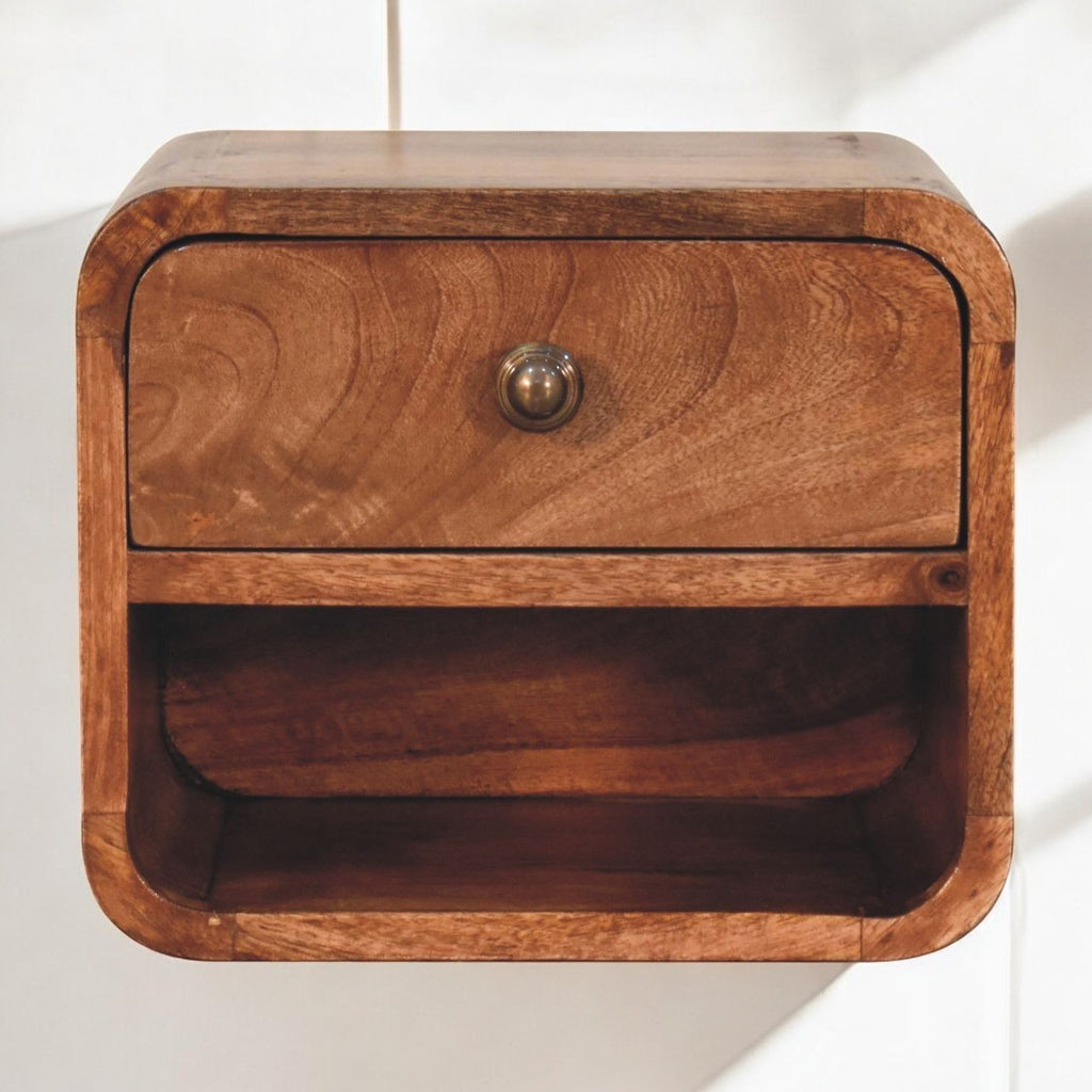 Solid Wood Mini Honey Caramel Wall-Mounted Bedside, Open Slot, 1-Drawer
