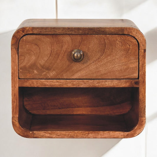 Solid Wood Mini Honey Caramel Wall-Mounted Bedside, Open Slot, 1-Drawer
