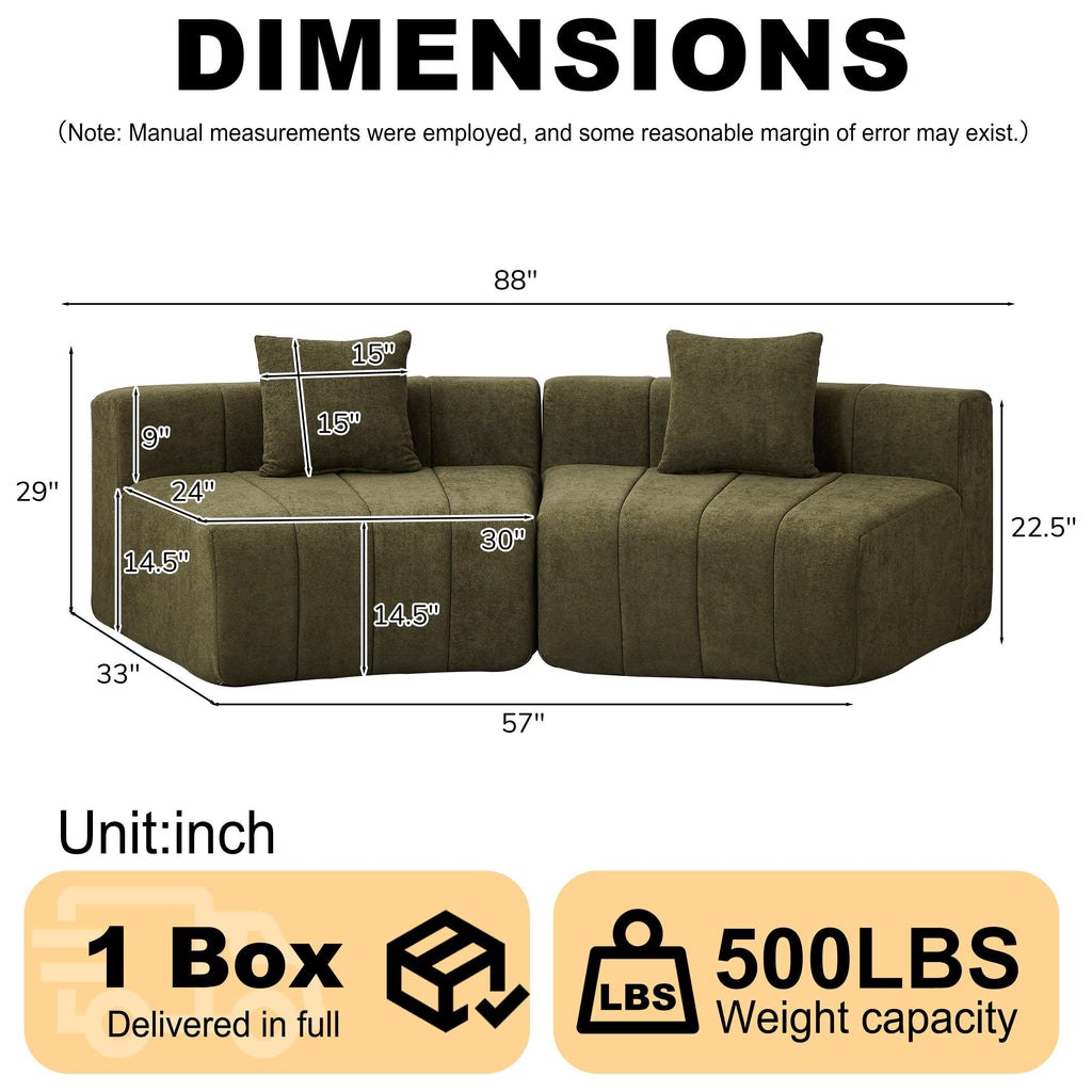 Chenille Curved Sectional Sofa with 2 Pillows.