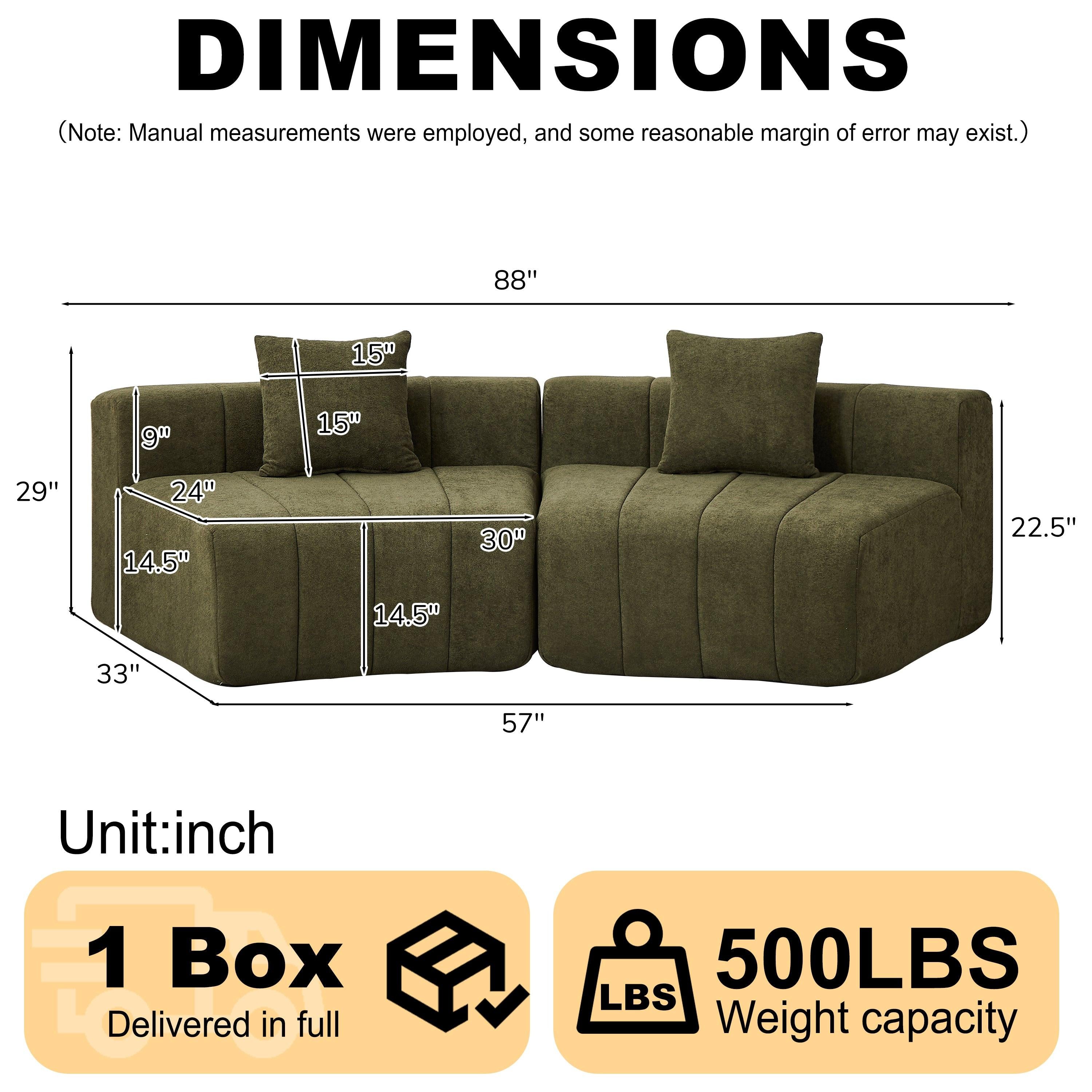 Chenille Curved Sectional Sofa with 2 Pillows.