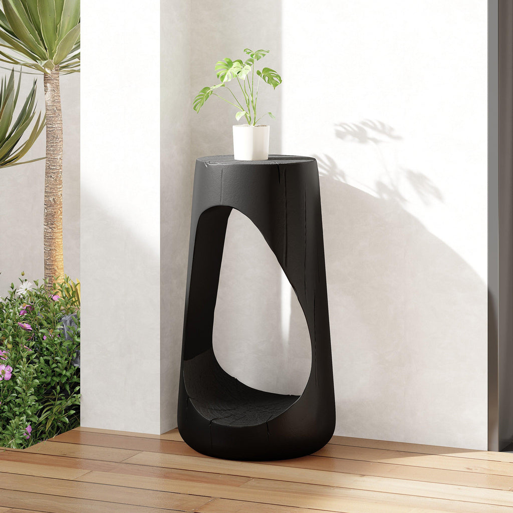Outdoor Side Table,Hollow Design End Table,Patio Garden Stool Table,Decorative Accent Table for Patio Balcony Beach Pool Side,Lightweight Concrete,Wood Like Texture,Black Color.