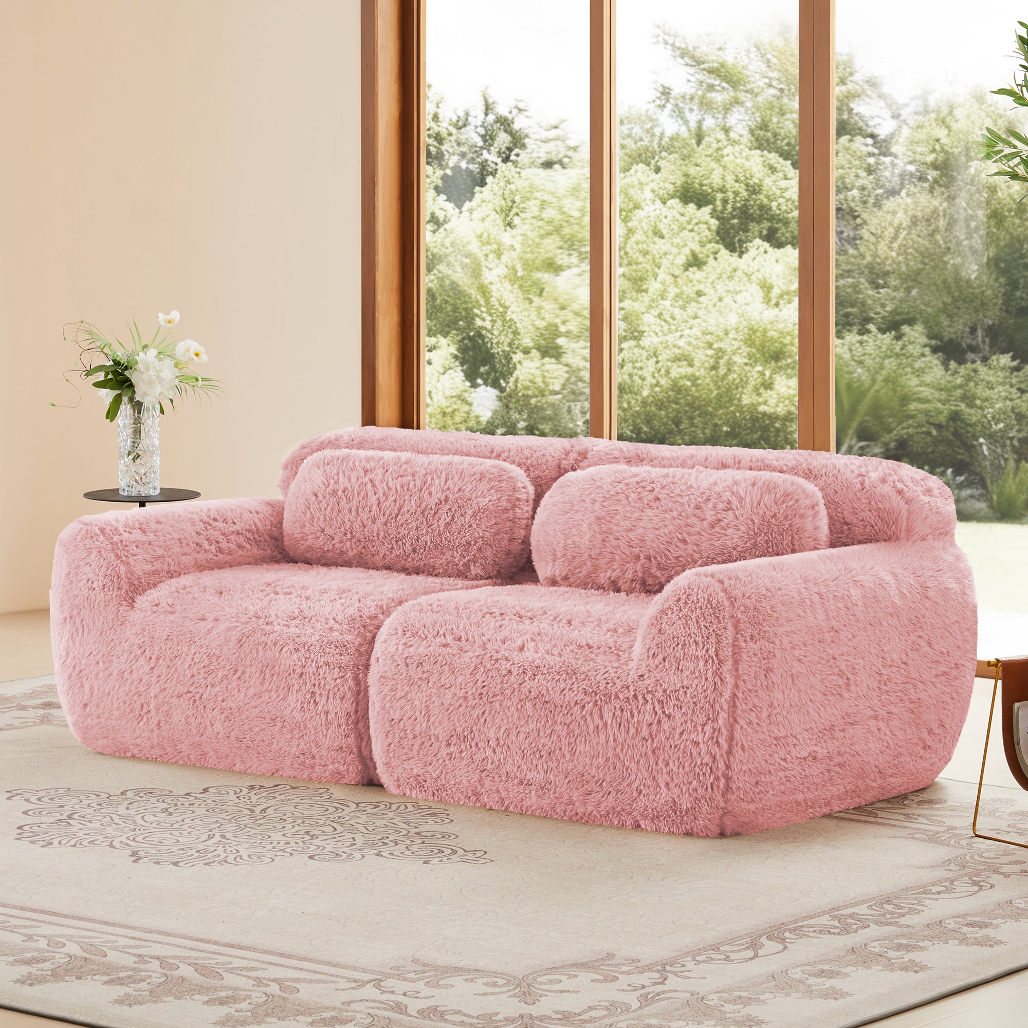 2-Seater Modular Pink Sofa with soft, fluffy upholstery and ergonomic back cushions, ideal for cozy living room setups.