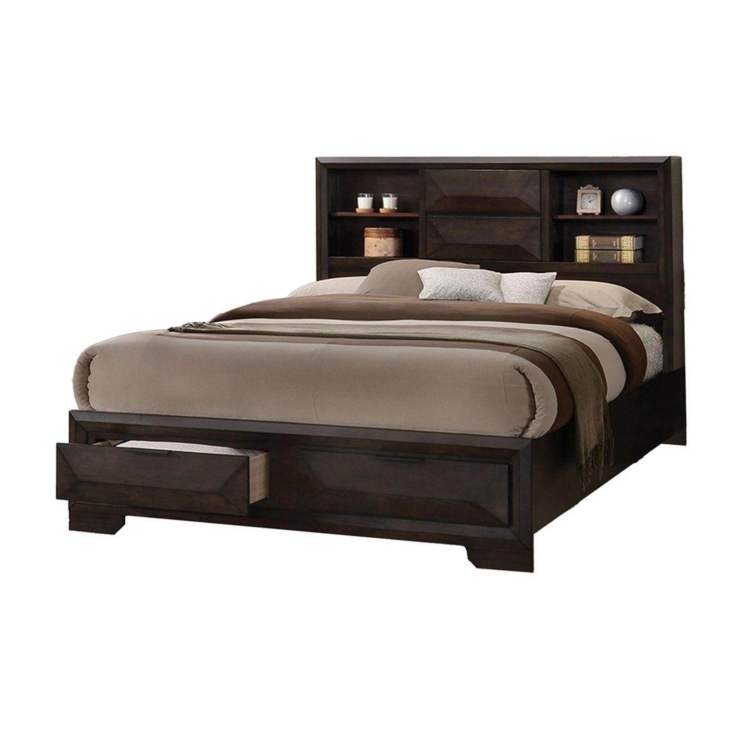 Espresso King Size Bed with Storage and Nightstands Set.