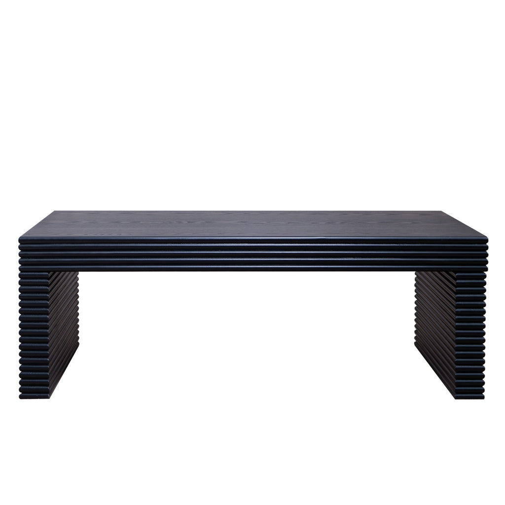 Front view of 47.6 modern black ribbed coffee table featuring a bold ribbed texture and minimalist rectangular silhouette.