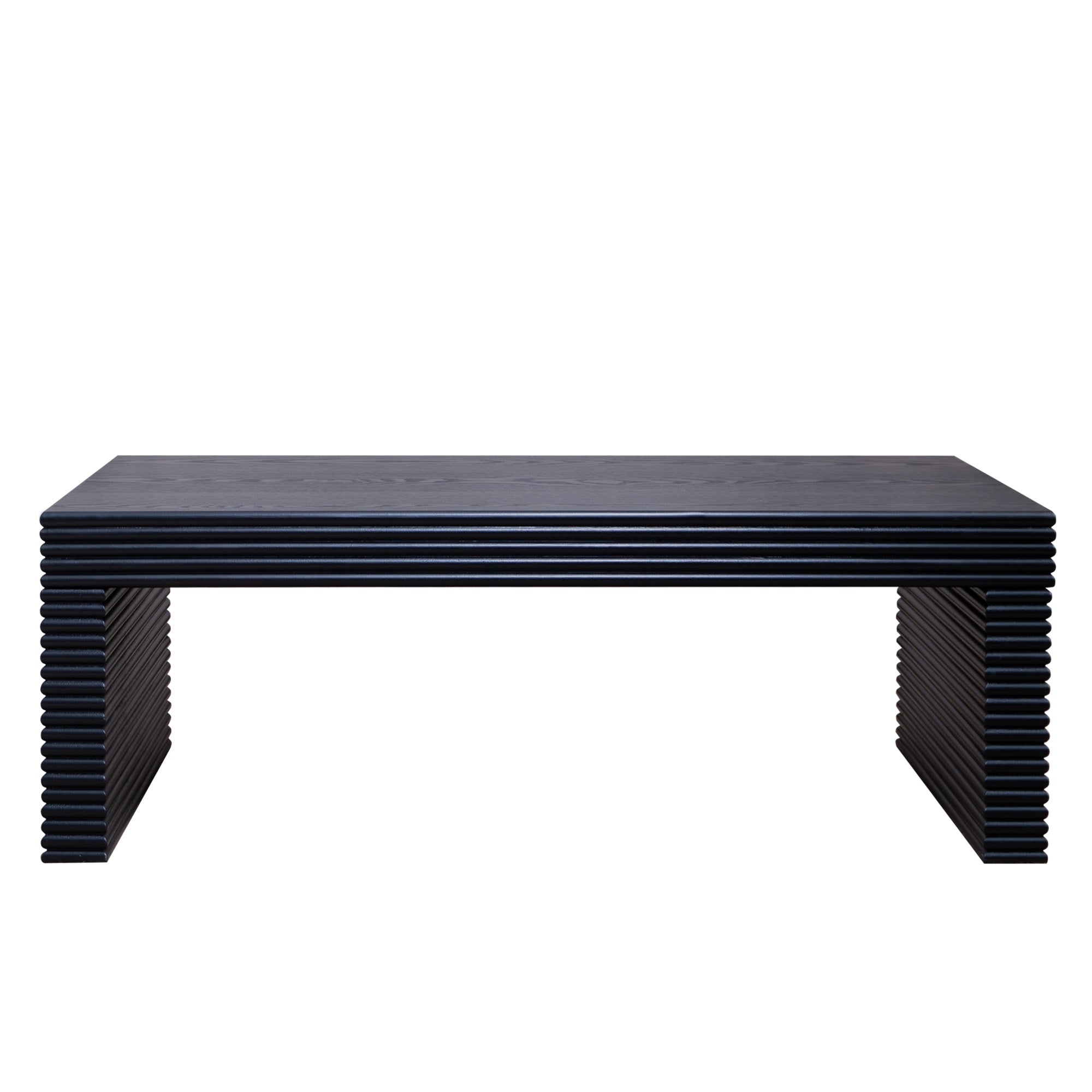 Front view of 47.6 modern black ribbed coffee table featuring a bold ribbed texture and minimalist rectangular silhouette.