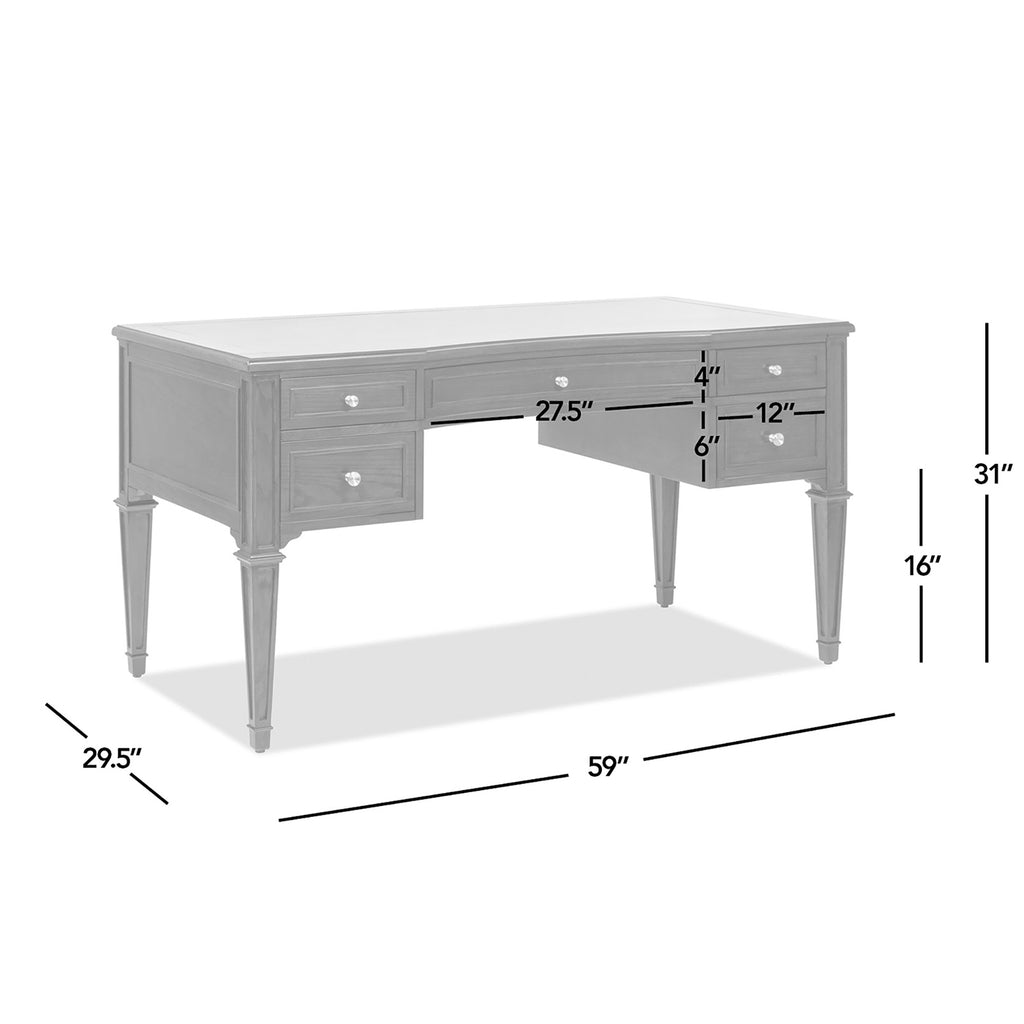Dimension diagram of Executive Desk 5-Drawer Wood - Gold Accents showing drawer and leg measurements for planning space.