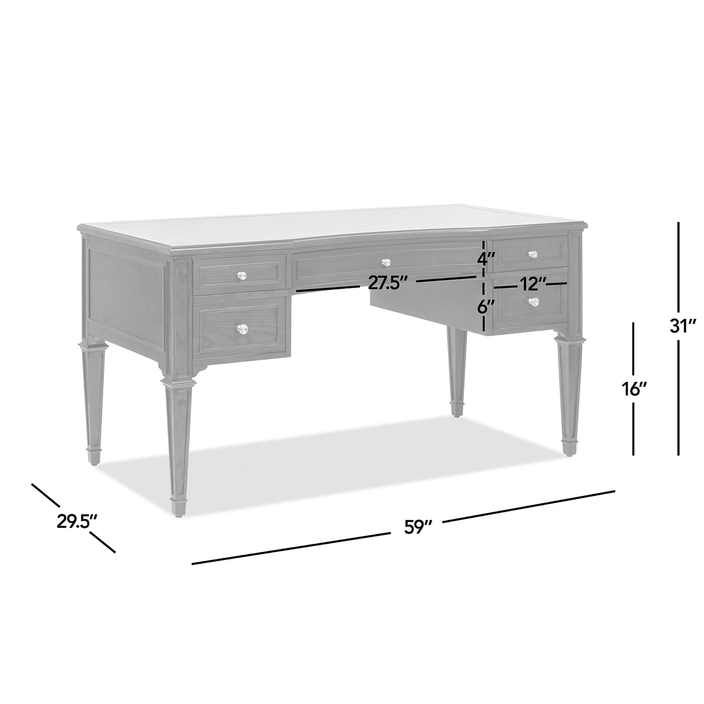 Dimension diagram of Executive Desk 5-Drawer Wood - Gold Accents showing drawer and leg measurements for planning space.