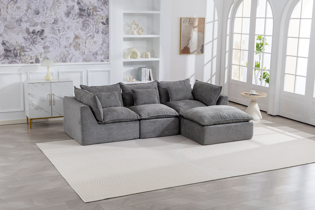 102-Inch Antique Grey Velvet Cloud Couch Sectional with Ottoman