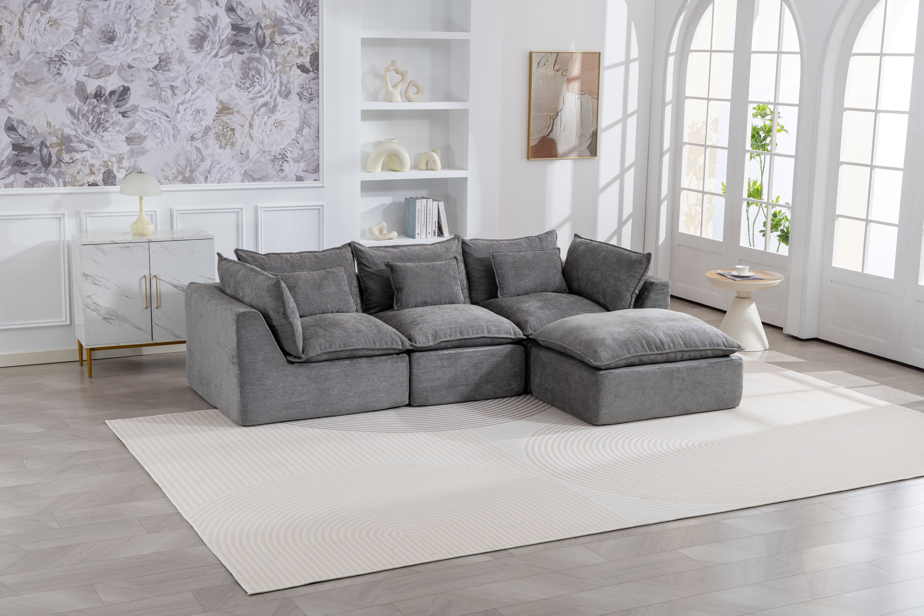 102-Inch Antique Grey Velvet Cloud Couch Sectional with Ottoman