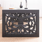 47.2' Solid Black Carved Wood Coffee Table – Handcrafted Look with Ornate Side Panels.