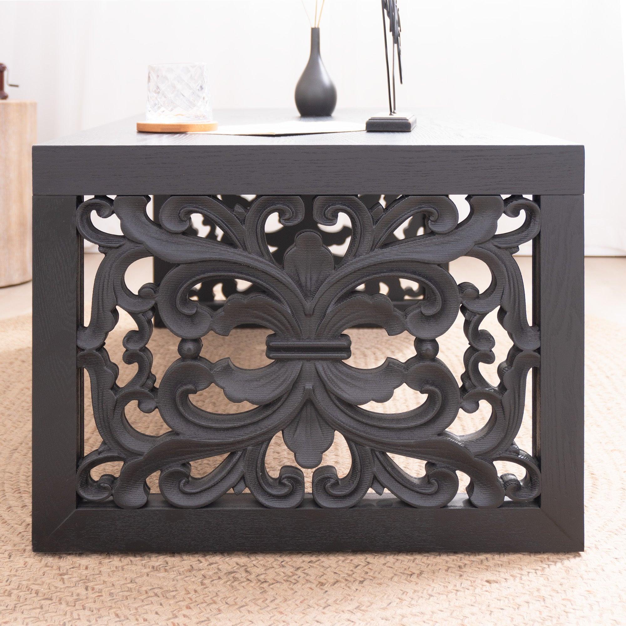 47.2' Solid Black Carved Wood Coffee Table – Handcrafted Look with Ornate Side Panels.