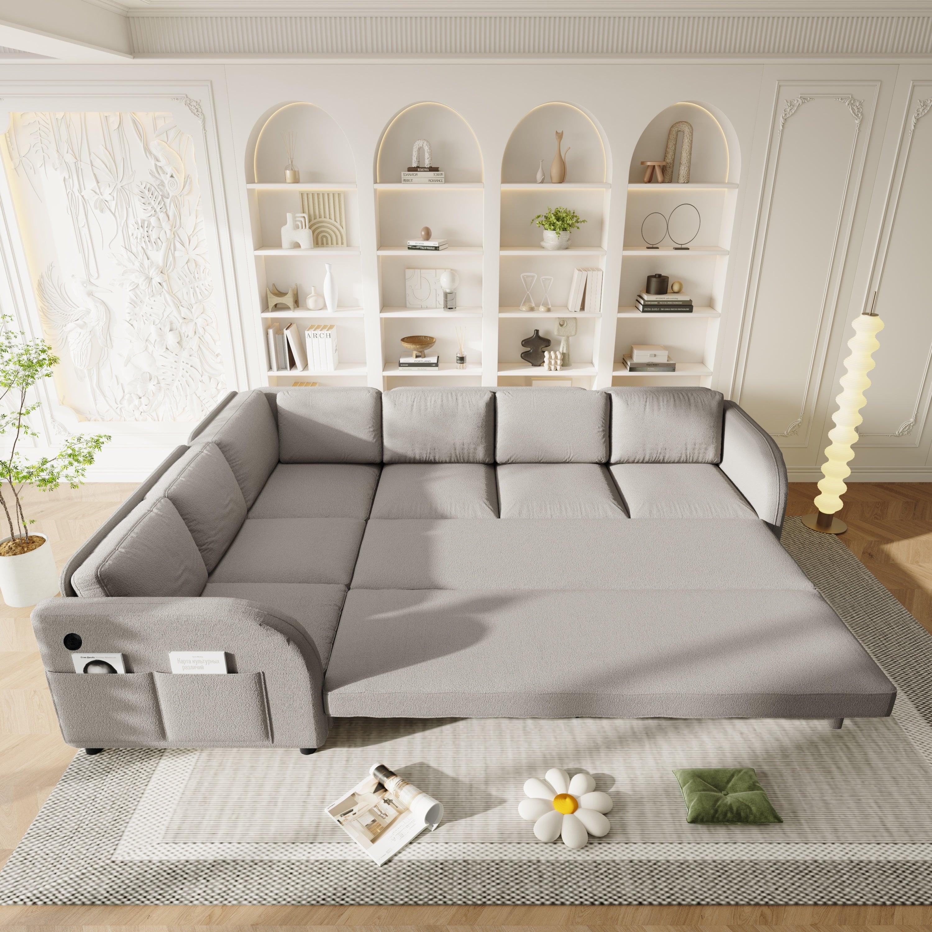 L-Shaped Sofa with Pull-Out Bed and USB Port.