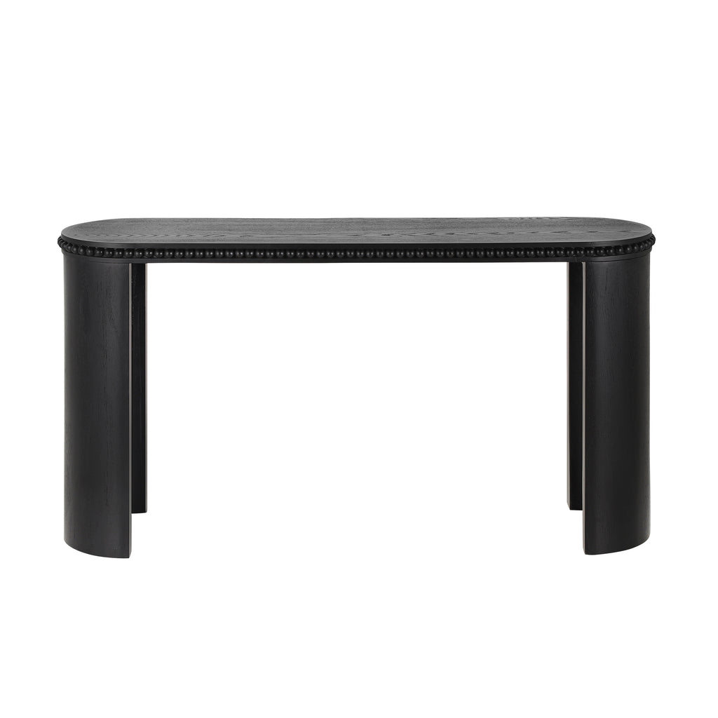 Front-facing studio shot of Mirod Console Table with curved legs and beaded trim in a matte black wood veneer.