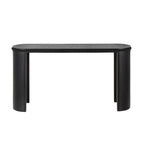 Front-facing studio shot of Mirod Console Table with curved legs and beaded trim in a matte black wood veneer.