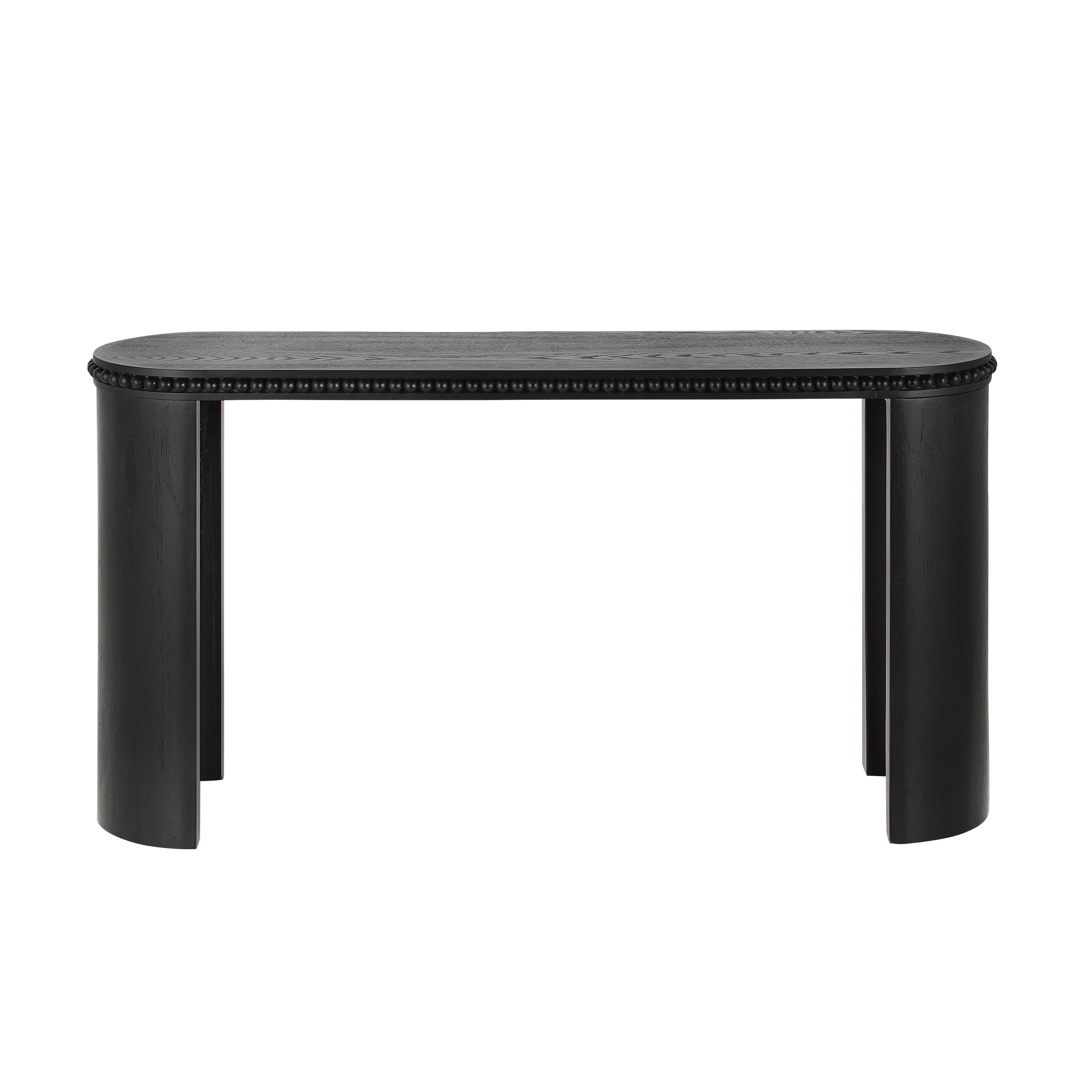 Front-facing studio shot of Mirod Console Table with curved legs and beaded trim in a matte black wood veneer.