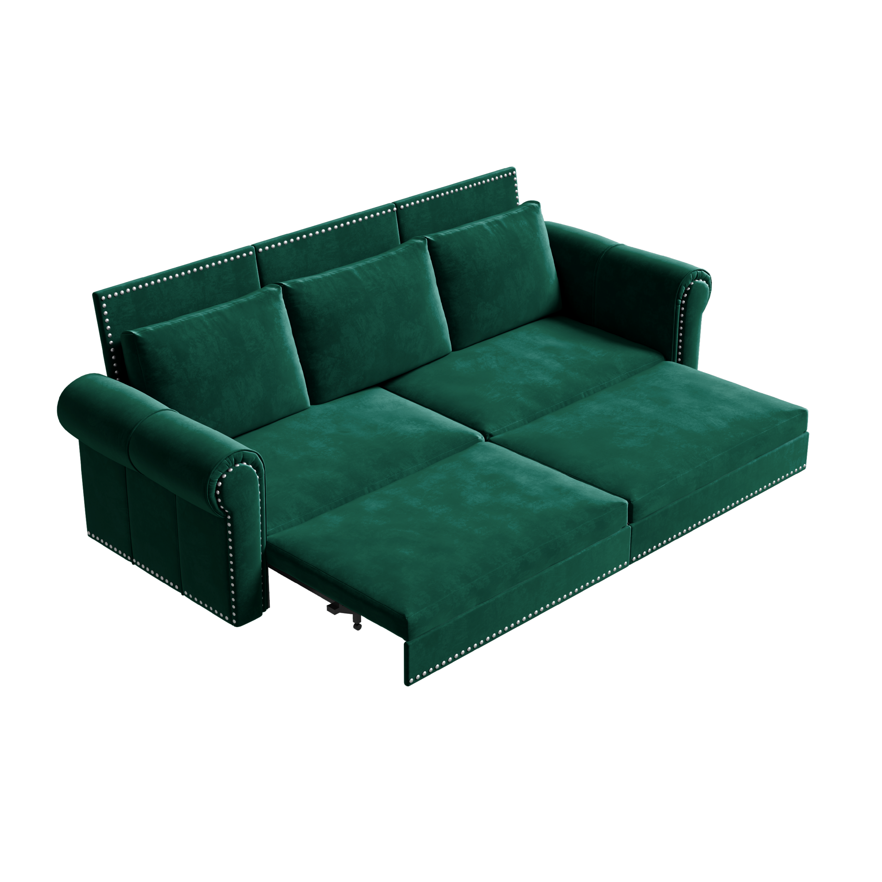 94-Inch Green Velvet King Pull Out Sleeper Sofa with Nailhead Trim