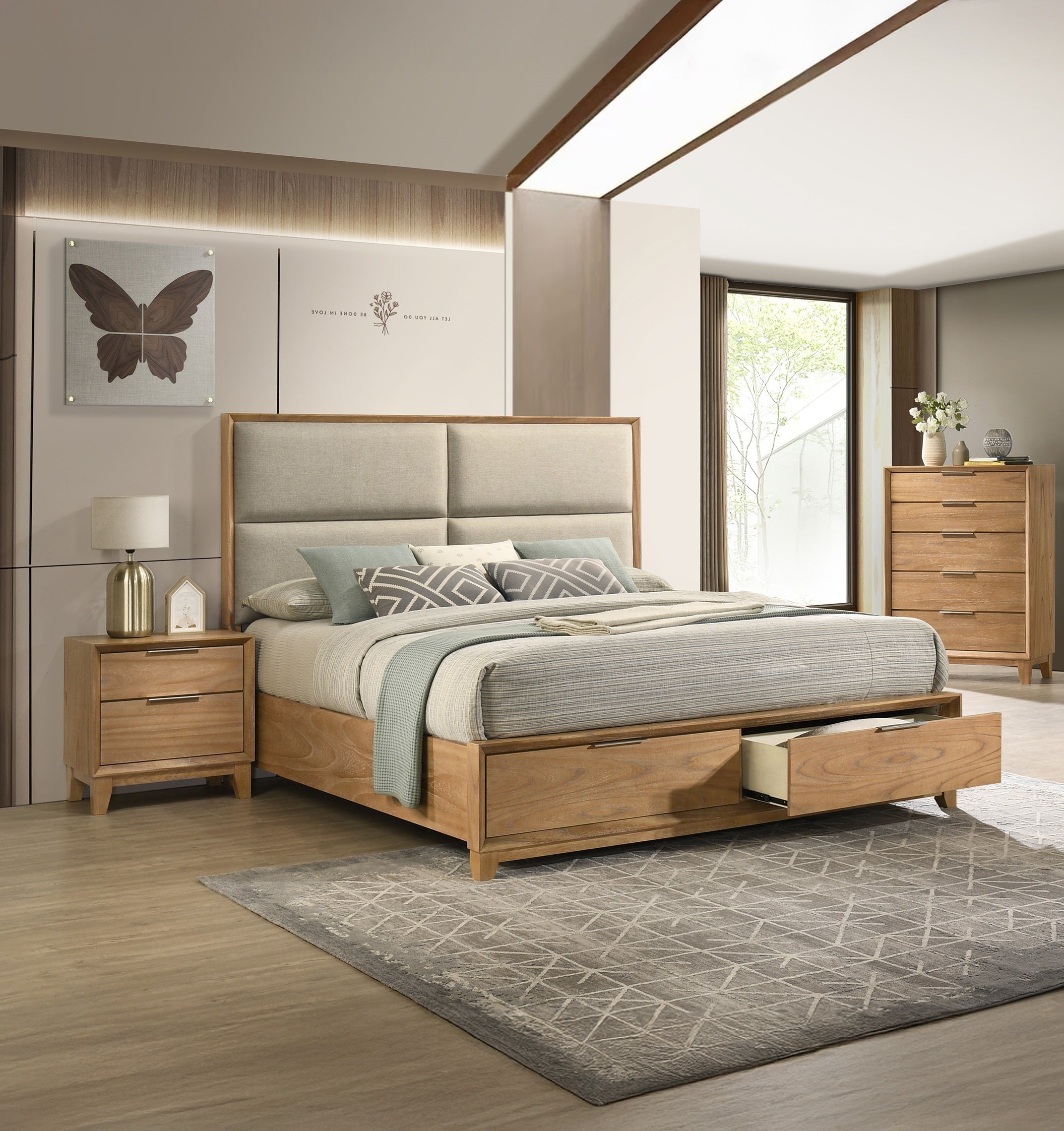 Contemporary Tall Wood Chest - Bedroom Furniture placed in a modern bedroom set, complementing matching bed and nightstand.