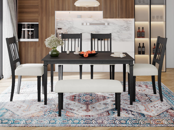 Stylish and space-saving 6-piece retro dining set with black wood and beige upholstery, arranged in contemporary kitchen setting.