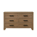 Walnut Color Six Drawers Dresser with Black Bar Pulls.