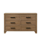 Walnut Color Six Drawers Dresser with Black Bar Pulls.