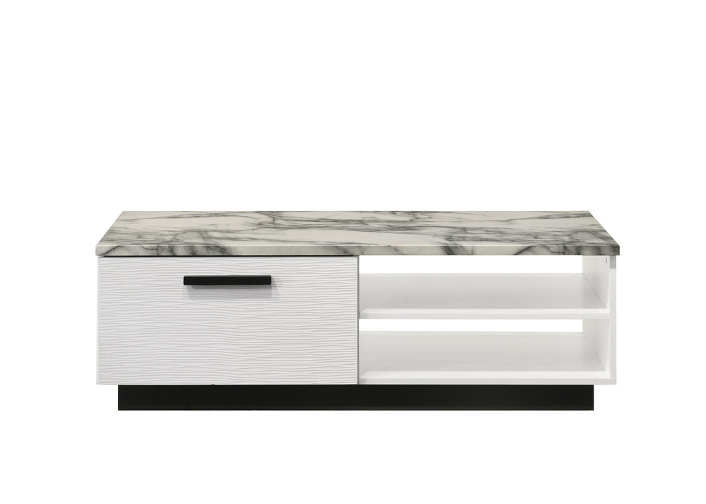 Front view of Matilda 47' White Marble Top Coffee Table featuring faux marble top, textured drawer, and dual open shelves for storage.