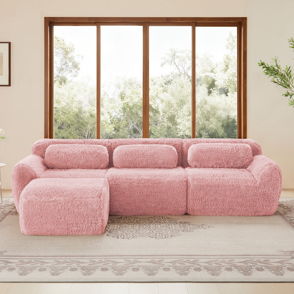 Front view of pink plush modular sofa with ergonomic back cushions and ottoman. Anti-slip and no-leg design for easy cleaning and comfort.