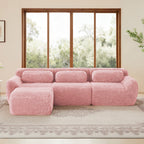 Front view of pink plush modular sofa with ergonomic back cushions and ottoman. Anti-slip and no-leg design for easy cleaning and comfort.
