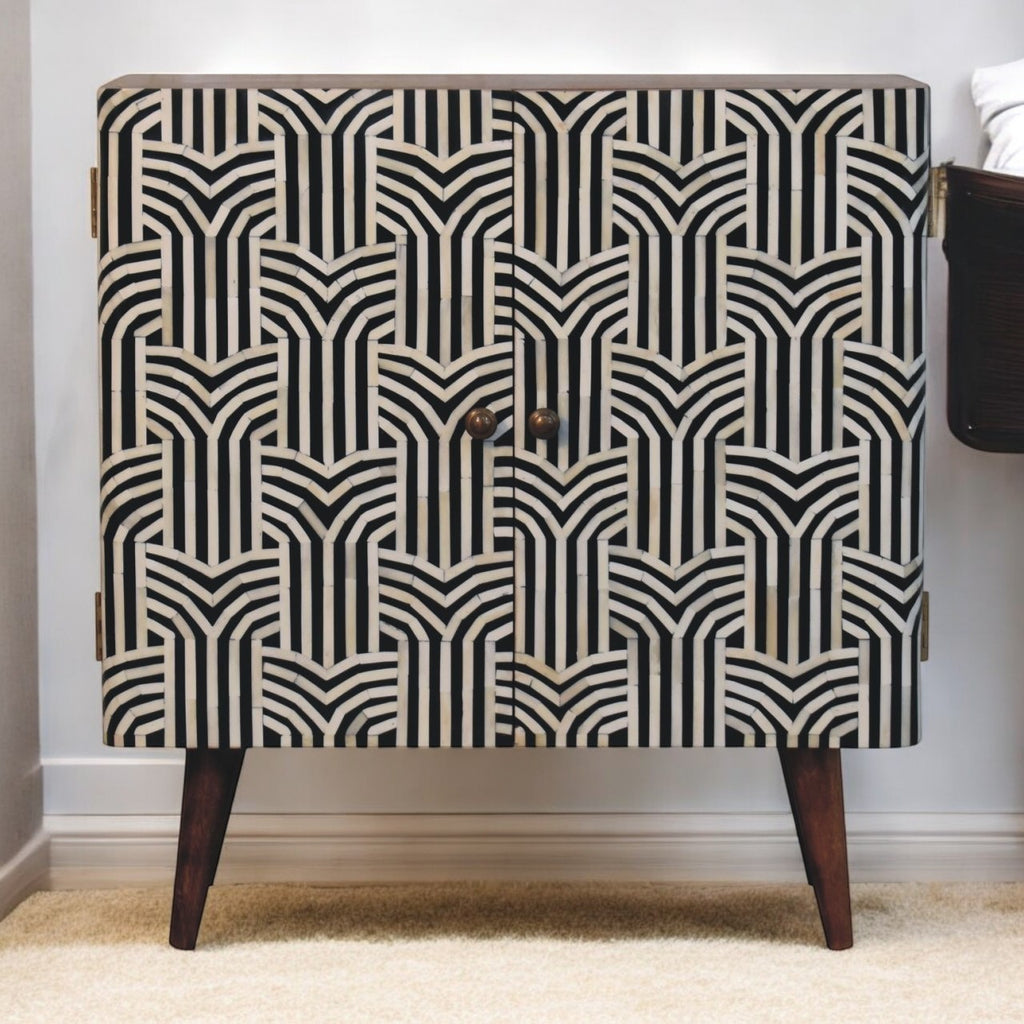 Solid Wood Honey Caramel Edessa Bone Inlay Cabinet, Shelves, Nordic Legs, Black and White