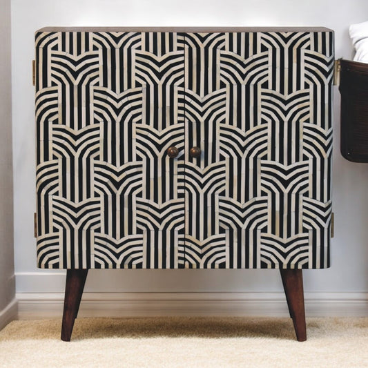 Solid Wood Honey Caramel Edessa Bone Inlay Cabinet, Shelves, Nordic Legs, Black and White