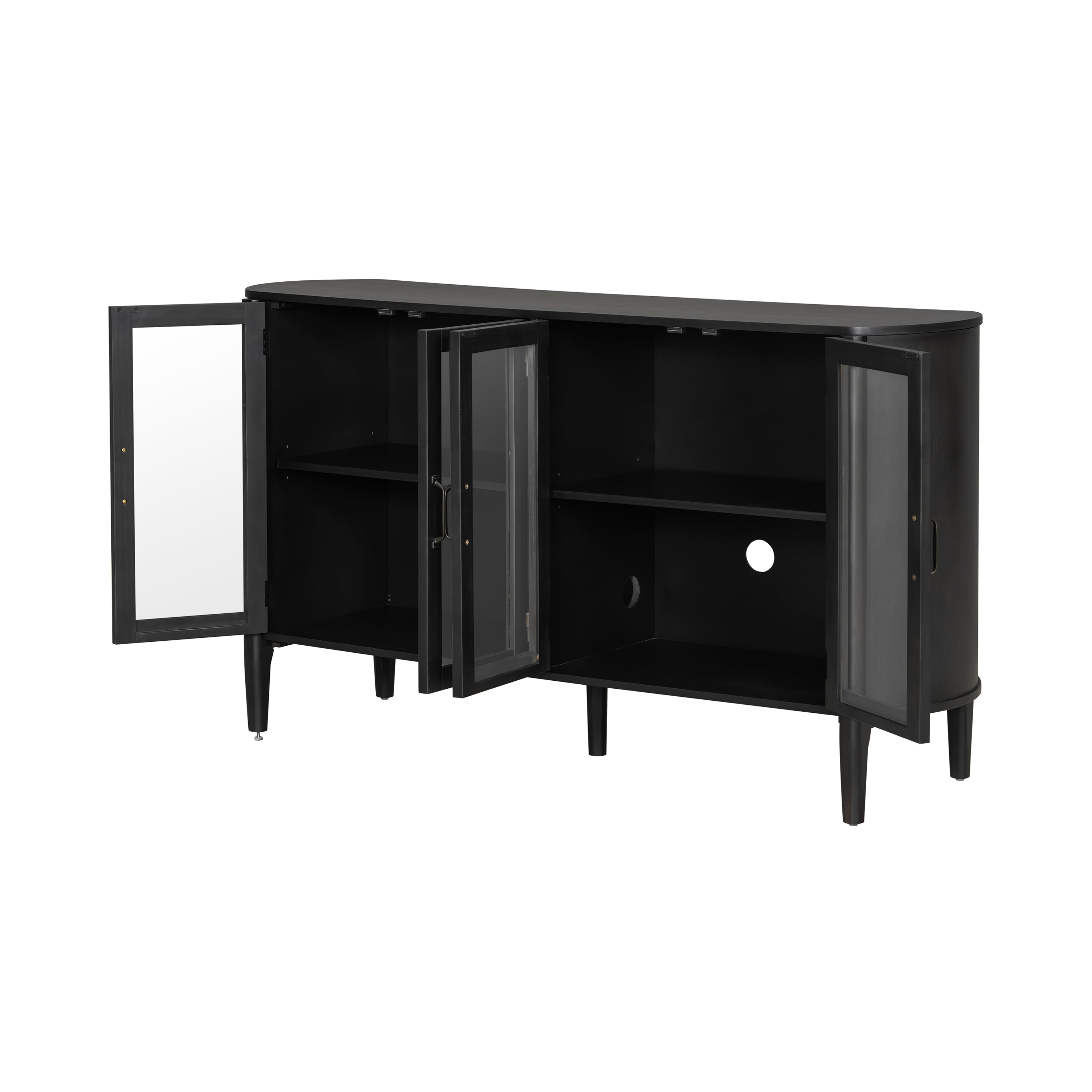 Black storage cabinet with open glass doors revealing adjustable shelves, ideal for organizing living room essentials with modern appeal.