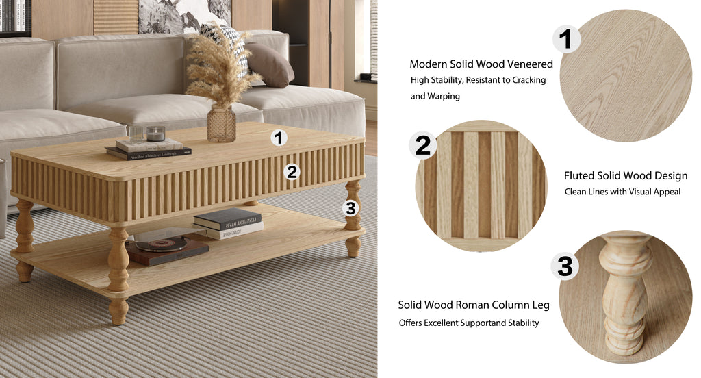 Infographic showing features of lift top coffee table including solid wood veneer, fluted design, and Roman column legs.