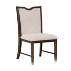 Single transitional dining chair with beige upholstered seat, cherry veneer wood frame, and gold-tipped legs on white background.