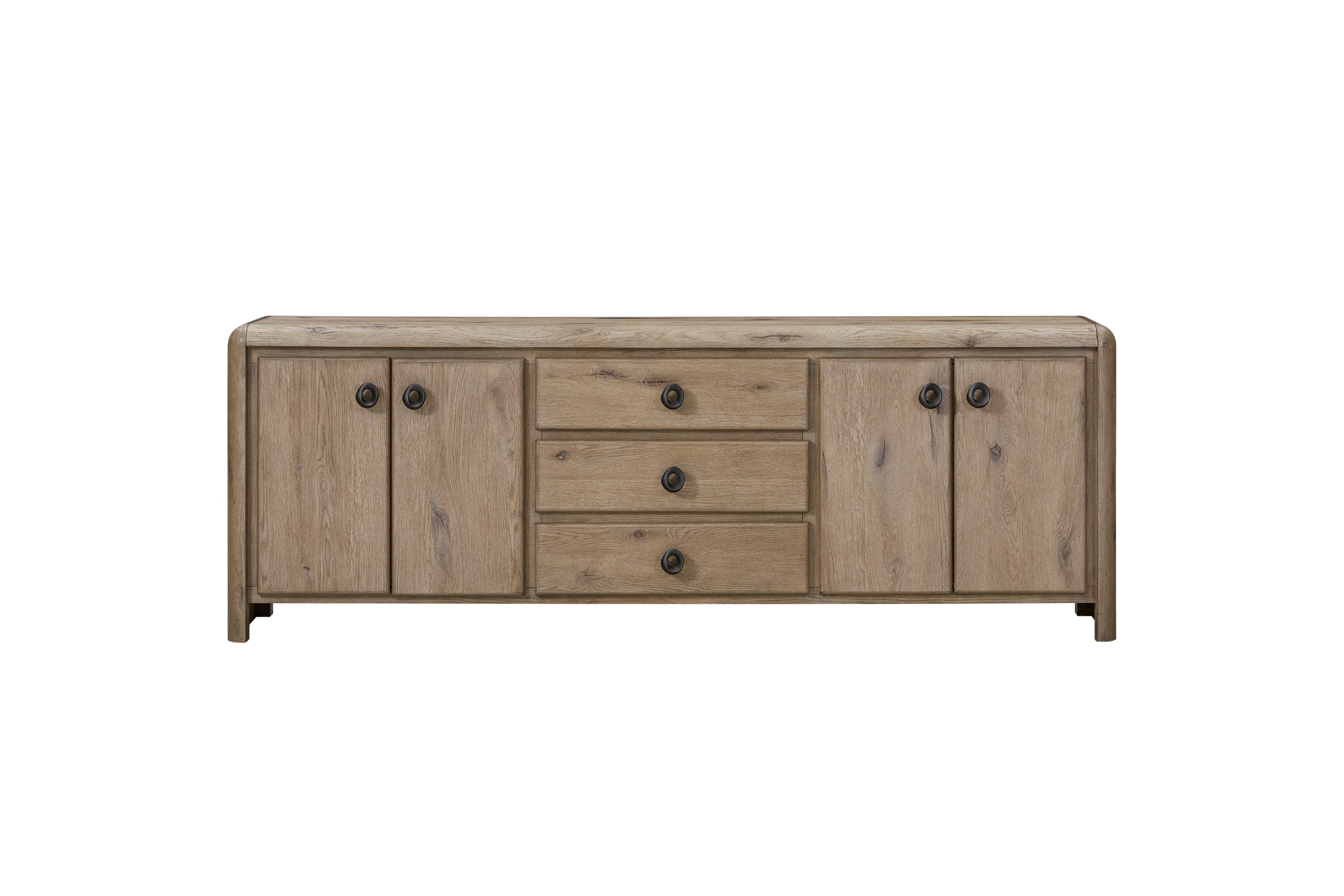 84-inch knotty oak sideboard featuring four cabinet doors, three center drawers, and dark circular hardware.