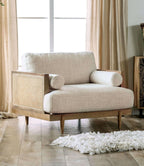 Mid-Century Modern Chair with Beige Fabric and Tapered Legs.