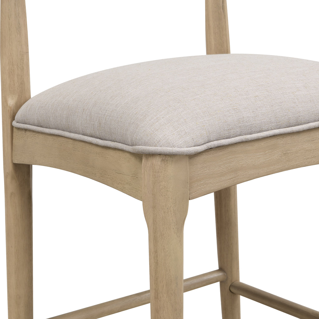Detail of padded seat in pebble fabric on modern counter stool, highlighting stitching and comfort-focused craftsmanship.