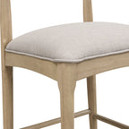 Detail of padded seat in pebble fabric on modern counter stool, highlighting stitching and comfort-focused craftsmanship.