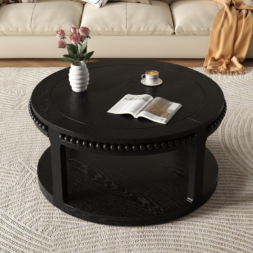 31.5 Inch Solid Wood Round Coffee Table for Living Room,2-Tier Rustic Wood Desktop with Storage Shelf Modern Design Home Furniture (Black)