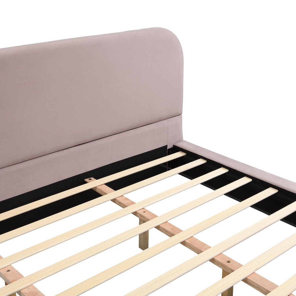 Pink Velvet Bed Frame with Brown Wood Legs - King Size.