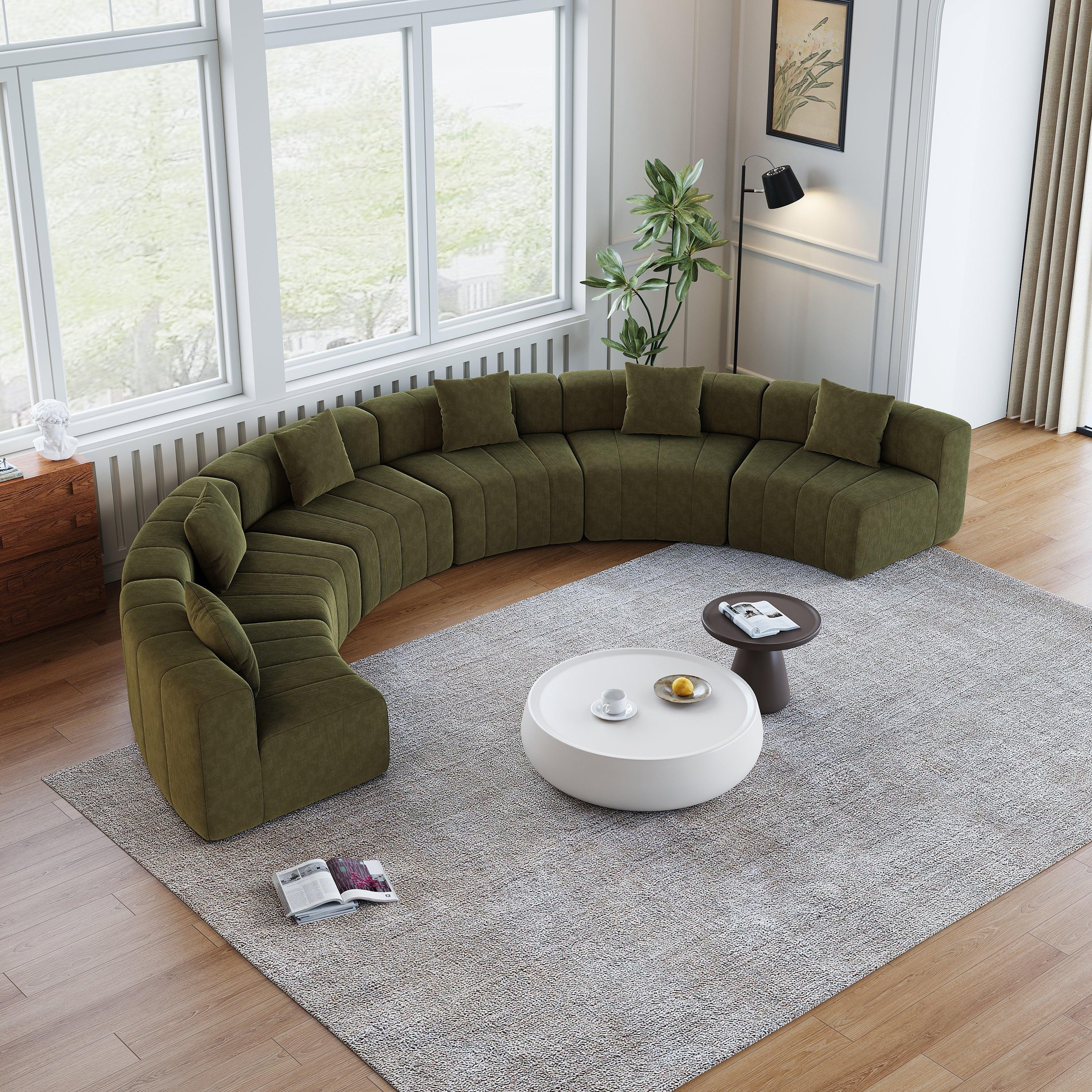 Chenille Curved Sectional Sofa with 6 Pillows.