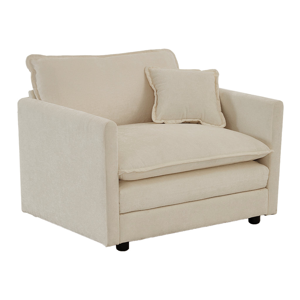 Angled view of single seat unit from beige chenille sectional sofa. Soft texture and neutral tone fit contemporary decor.
