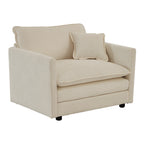 Angled view of single seat unit from beige chenille sectional sofa. Soft texture and neutral tone fit contemporary decor.