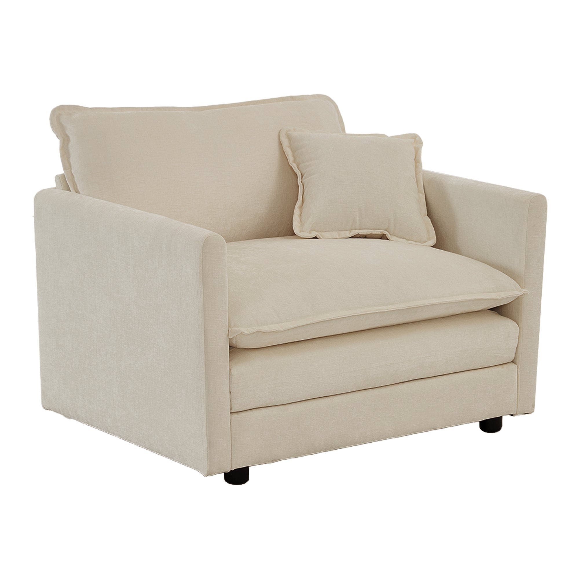 Angled view of single seat unit from beige chenille sectional sofa. Soft texture and neutral tone fit contemporary decor.