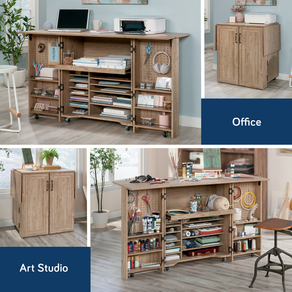 Craft Cart with Storage for Home shown in office and art studio setups, highlighting its versatility and storage capacity.